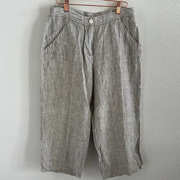 CHICO'S Tan Brown White Striped 100% Linen Pants Cropped Neutral Button Fly S - Picture 1 of 5